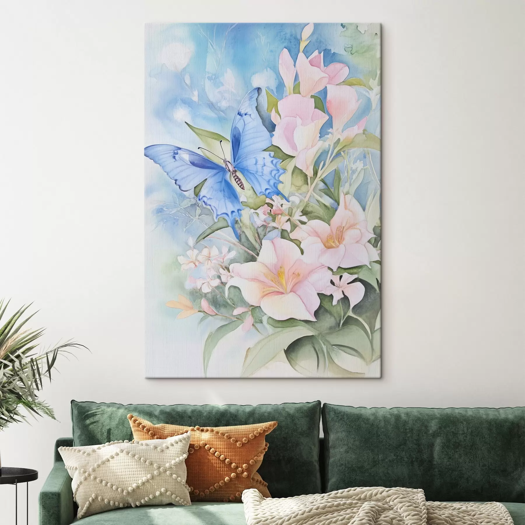  Schilderijen Blauwe vlinder en roze bloemen s43296