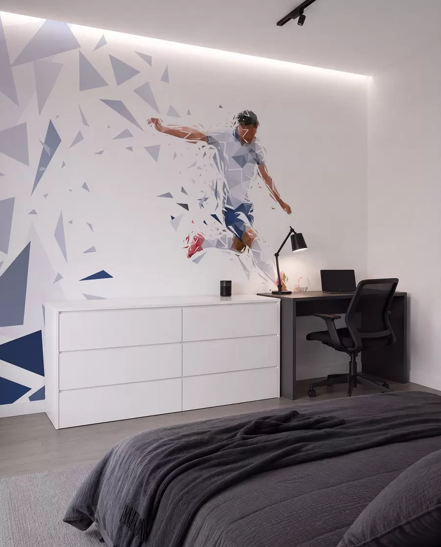 Fotobehang Dynamische voetballer in een low-poly stijl, die de bal raakt w03289
