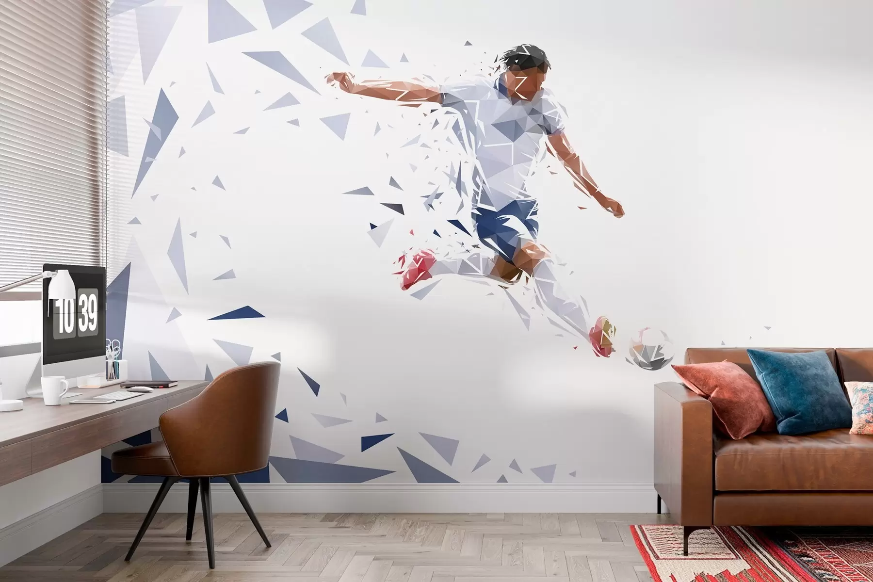 Fotobehang Dynamische voetballer in een low-poly stijl, die de bal raakt w03289