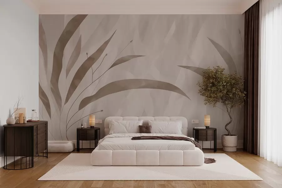Fotobehang Ecostijl, planten op een gestructureerde heterogene achtergrond in beige tinten w03394
