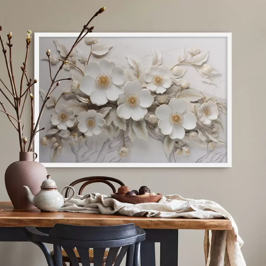 Fotobehang 3d witte bloemen in een klassieke stijl met een geel accent f43313