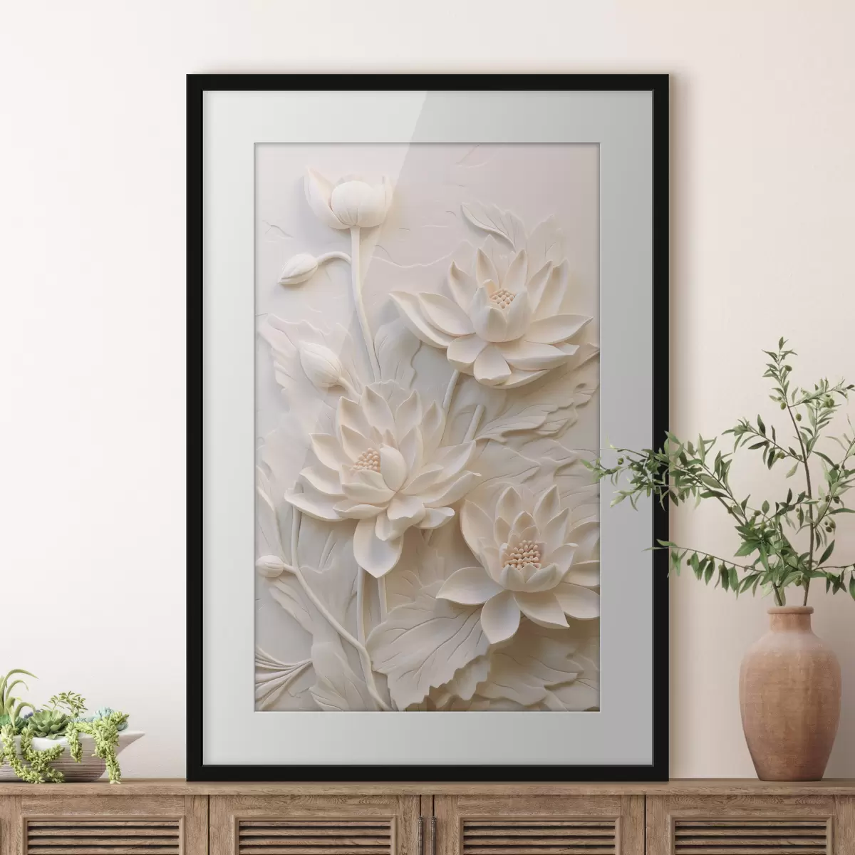 Poster Wit lijstwerk, imitatie, bloemen f43334