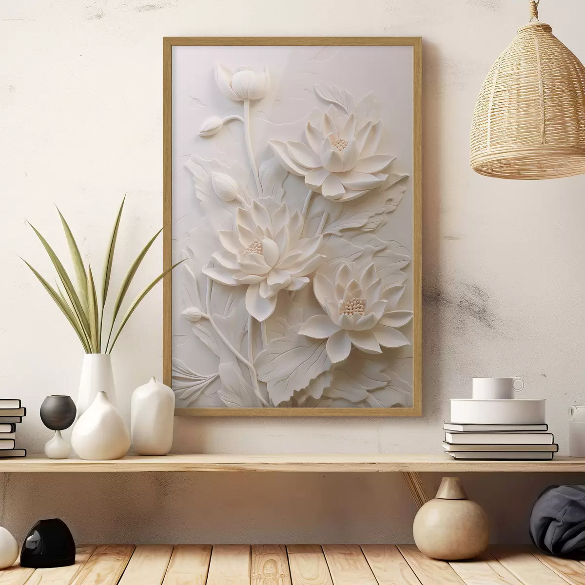 Poster Wit lijstwerk, imitatie, bloemen f43334