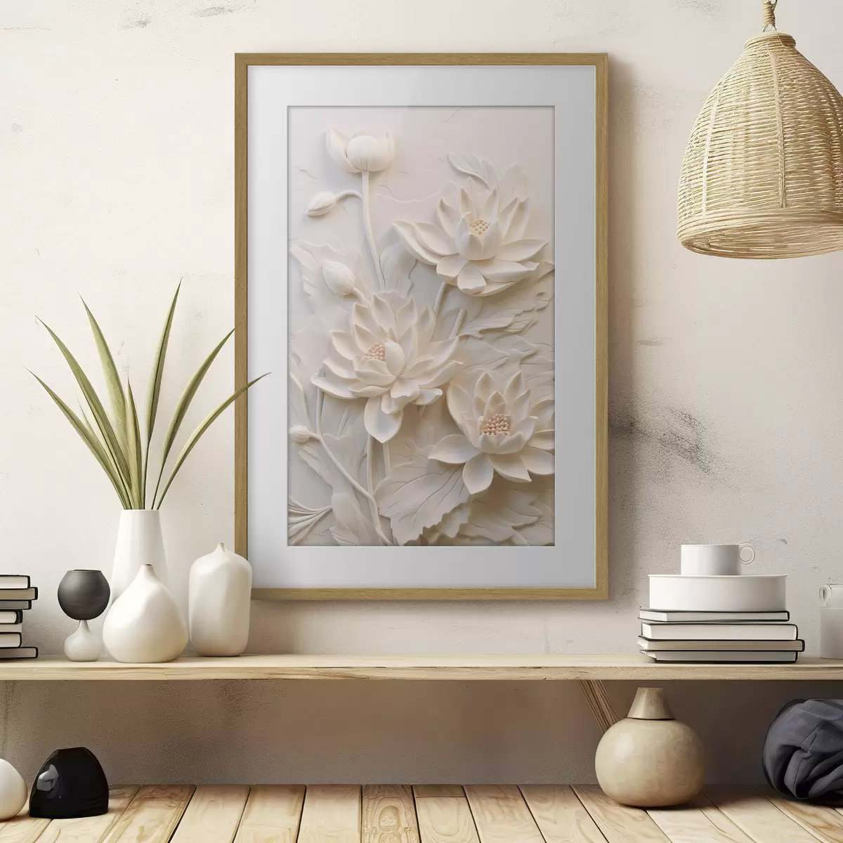 Poster Wit lijstwerk, imitatie, bloemen f43334