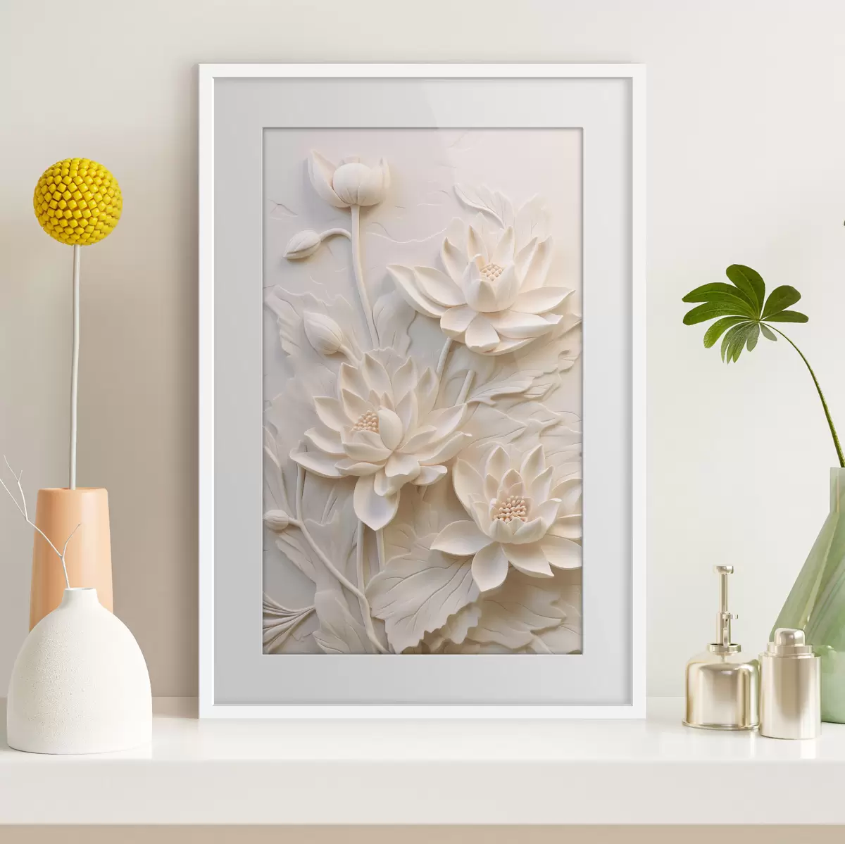 Poster Wit lijstwerk, imitatie, bloemen f43334