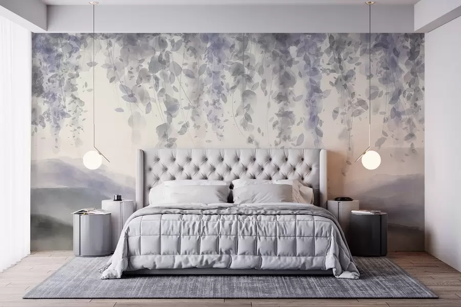Fotobehang Wisteria bladeren hangend over bergen, zachte pastel blauwe en grijze kleuren, aquarel stijl landschap w08909
