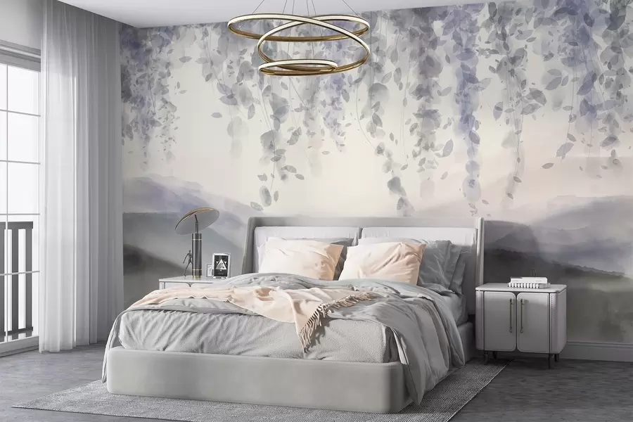 Fotobehang Wisteria bladeren hangend over bergen, zachte pastel blauwe en grijze kleuren, aquarel stijl landschap w08909