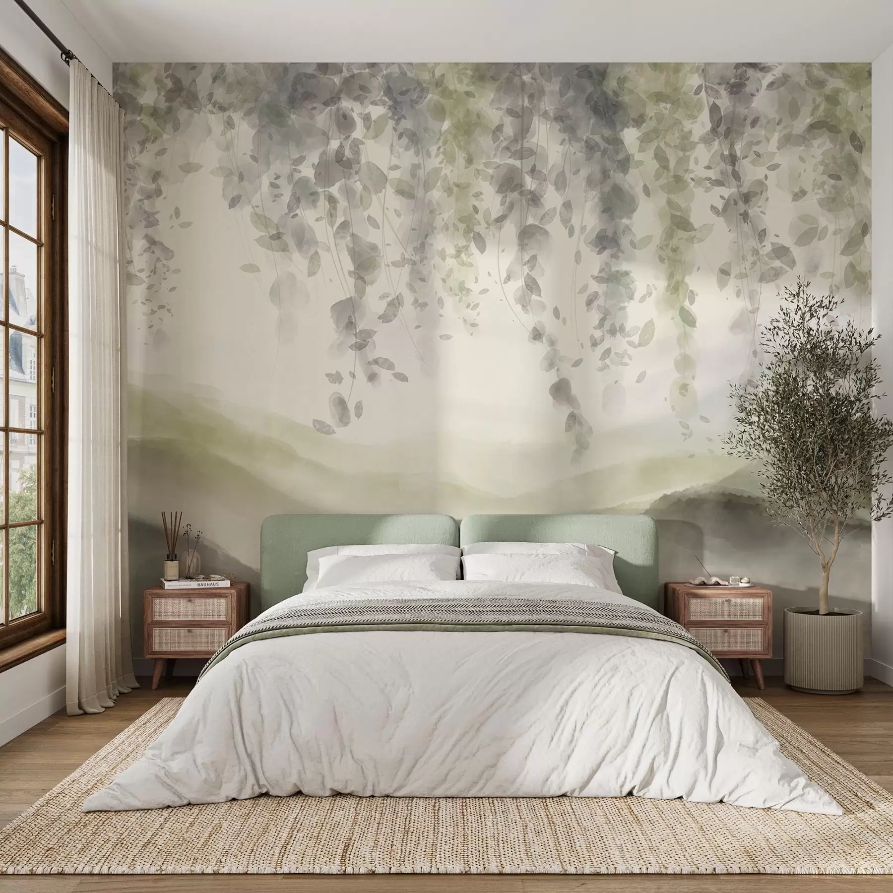 Fotobehang Wisteria bladeren hangend over bergen, zachte pastel groene en beige kleuren, aquarel stijl landschap w08909v2