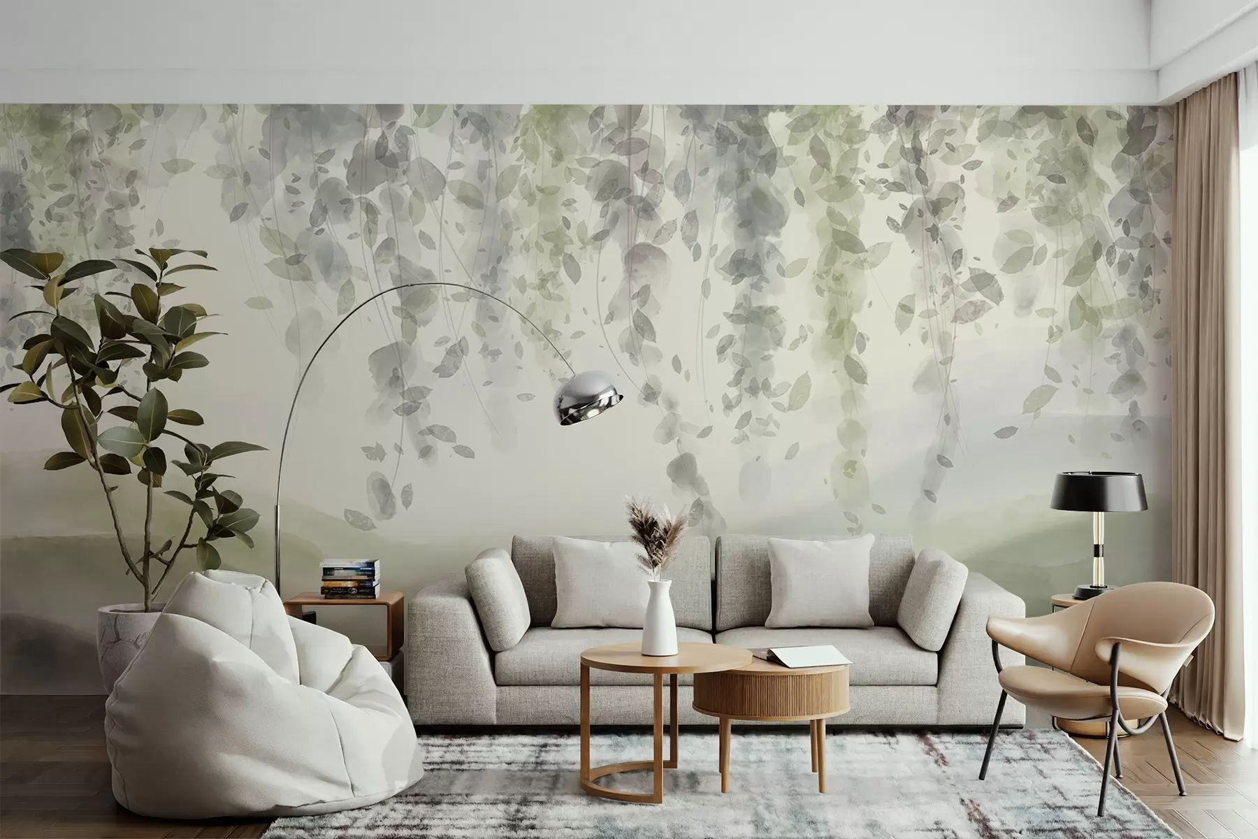 Fotobehang Wisteria bladeren hangend over bergen, zachte pastel groene en beige kleuren, aquarel stijl landschap w08909v2