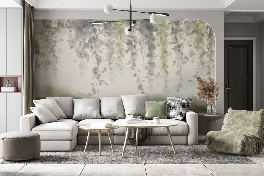 Fotobehang Wisteria bladeren hangend over bergen, zachte pastel groene en beige kleuren, aquarel stijl landschap w08909v2