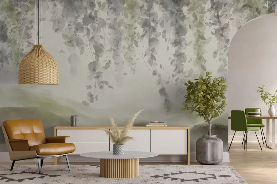 Fotobehang Wisteria bladeren hangend over bergen, zachte pastel groene en beige kleuren, aquarel stijl landschap w08909v2