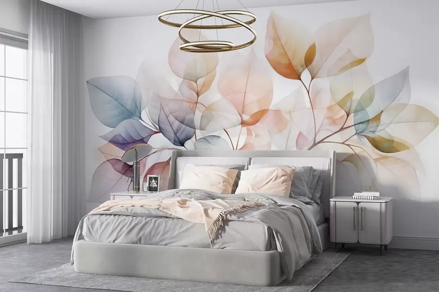 Fotobehang Aquarelverfschilderij van doorschijnende bladeren in pastelkleuren, met tinten roze, wit, paars en blauw w08910