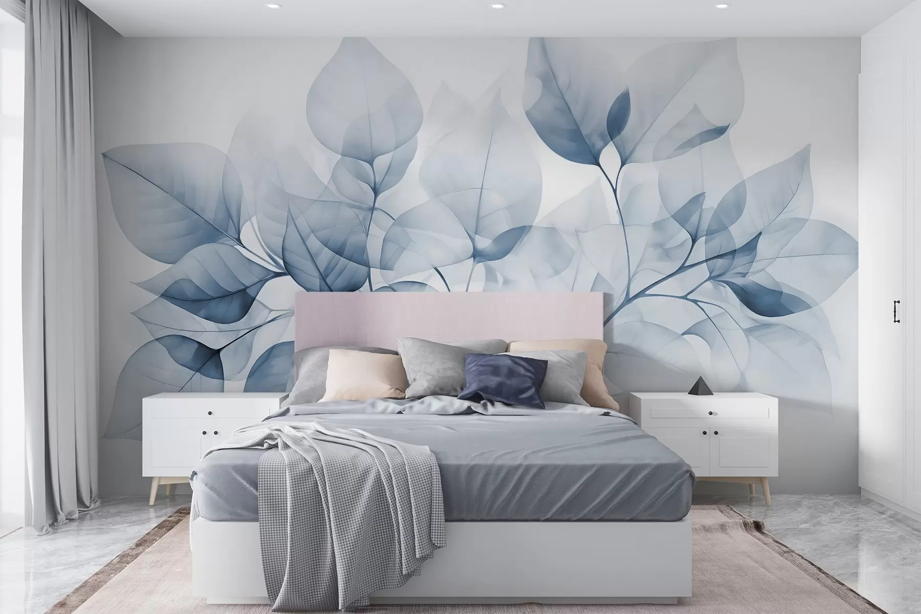 Fotobehang Aquarelverfschilderij van doorschijnende bladeren in pastelkleuren, met witte en blauwe tinten w08910v1