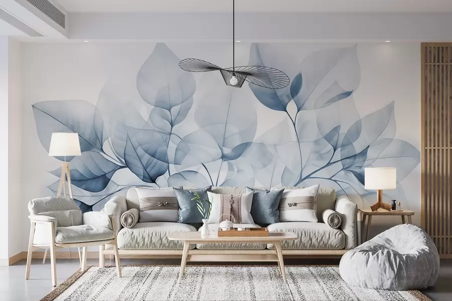 Fotobehang Aquarelverfschilderij van doorschijnende bladeren in pastelkleuren, met witte en blauwe tinten w08910v1