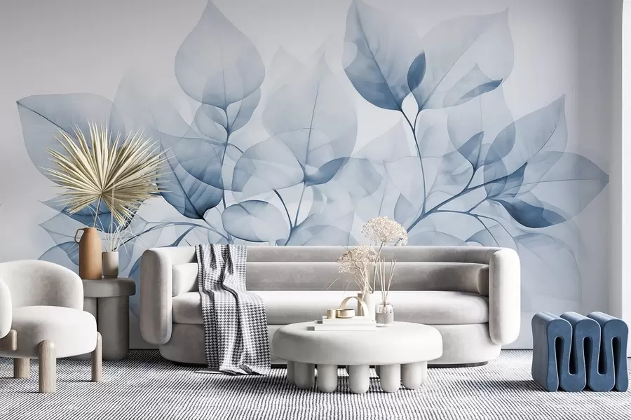 Fotobehang Aquarelverfschilderij van doorschijnende bladeren in pastelkleuren, met witte en blauwe tinten w08910v1