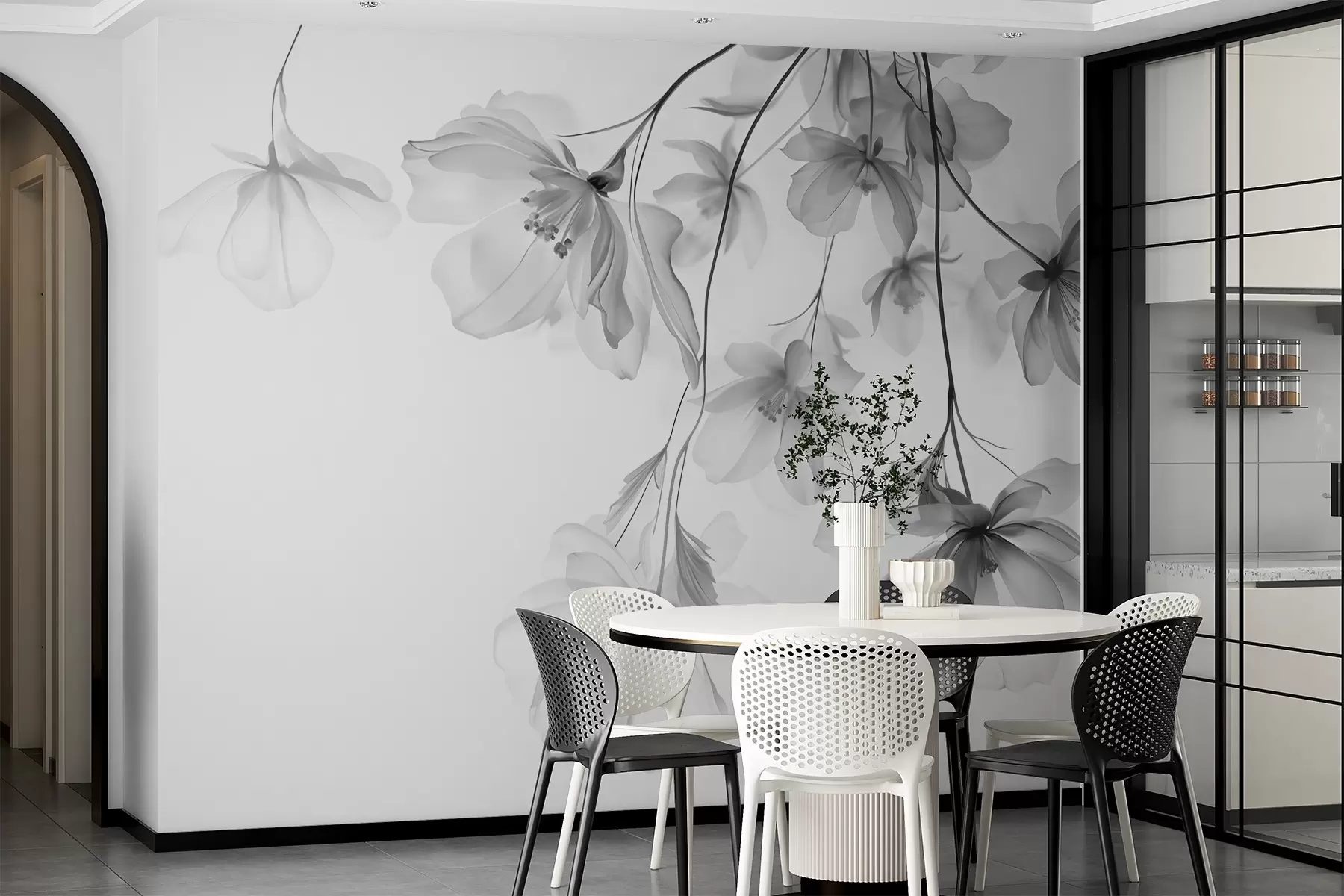Fotobehang Zwarte bloemen met doorschijnende bloemblaadjes hangend aan een tak, zwart-wit, minimalistische moderne kunstcompositie w08911