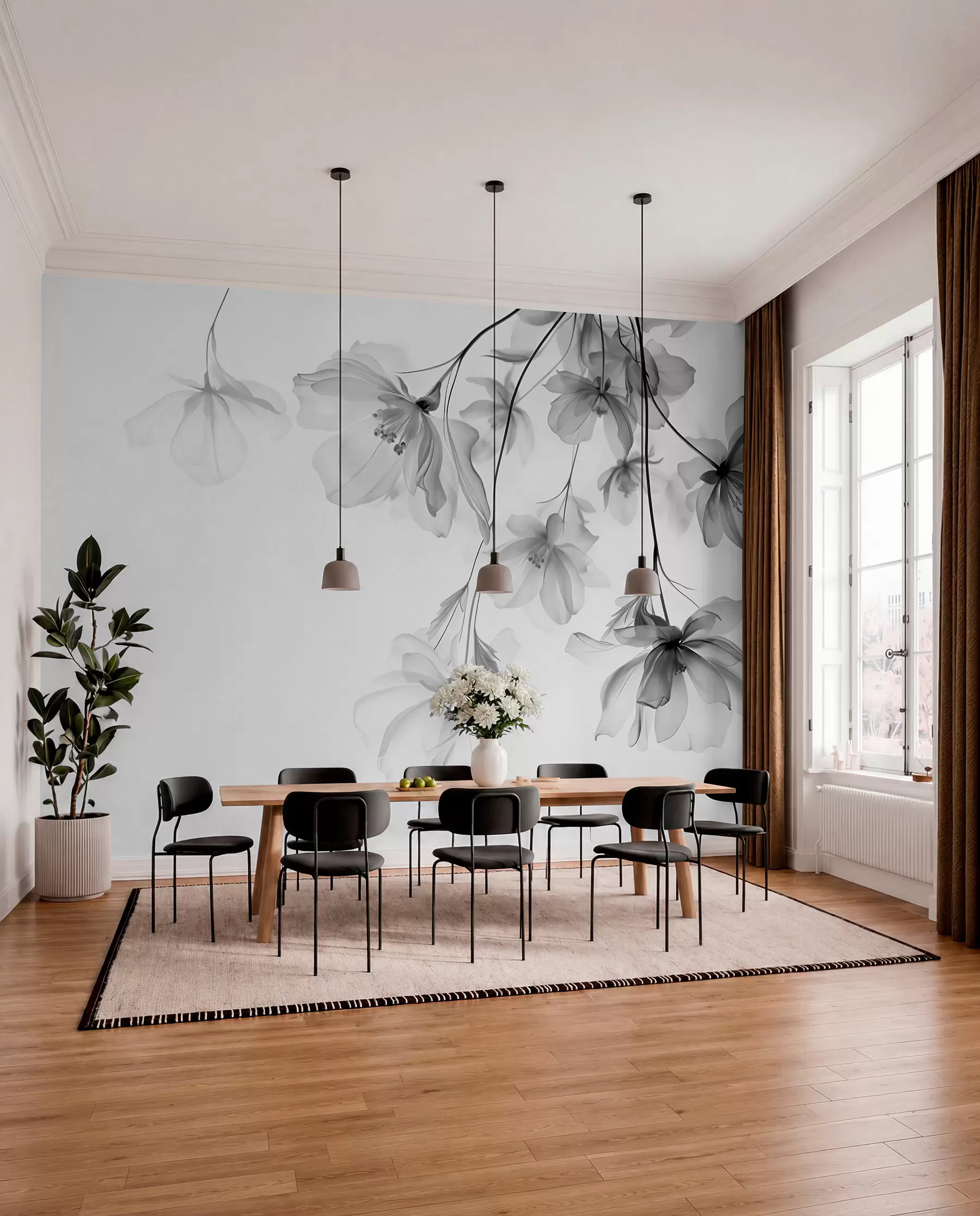 Fotobehang Hangende bloemen in houtskool w08911
