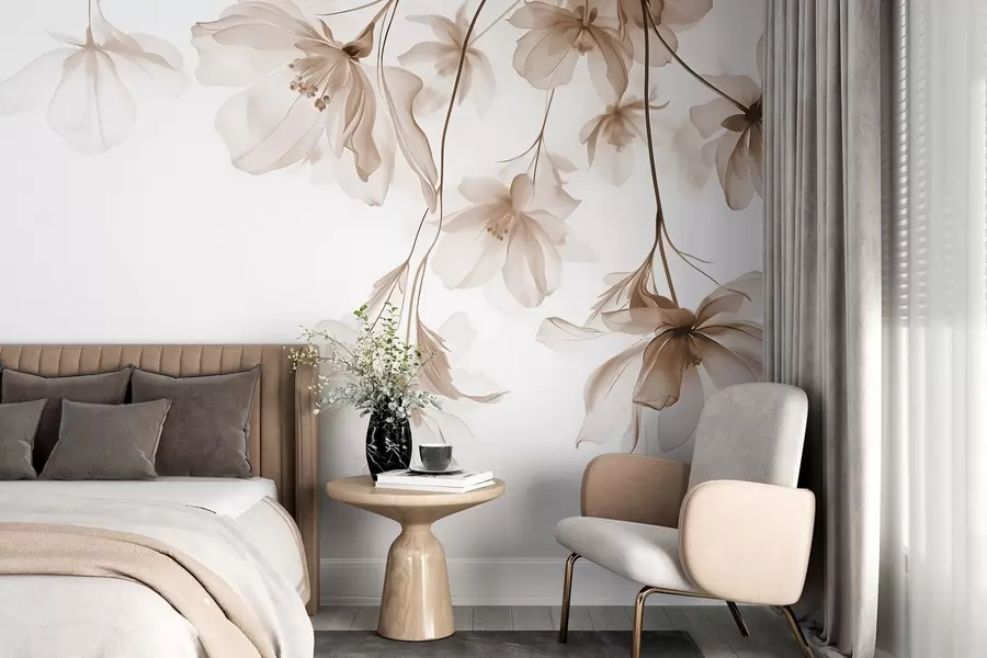Fotobehang Beige bloemen met doorschijnende bloemblaadjes hangend aan een tak, beige en wit, minimalistische moderne kunst compositie w08911v1