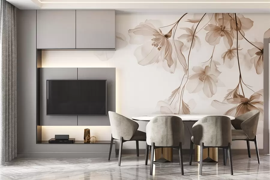 Fotobehang Beige bloemen met doorschijnende bloemblaadjes hangend aan een tak, beige en wit, minimalistische moderne kunst compositie w08911v1
