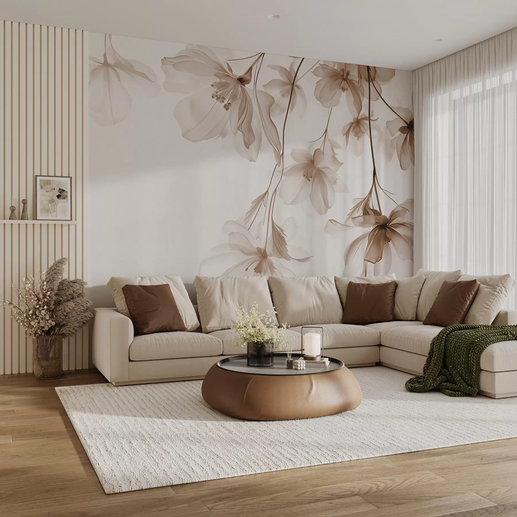 Fotobehang Beige bloemen met doorschijnende bloemblaadjes hangend aan een tak, beige en wit, minimalistische moderne kunst compositie w08911v1