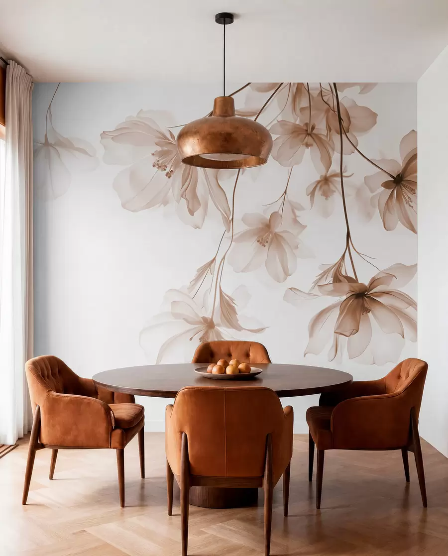 Fotobehang Beige bloemen met doorschijnende bloemblaadjes hangend aan een tak, beige en wit, minimalistische moderne kunst compositie w08911v1