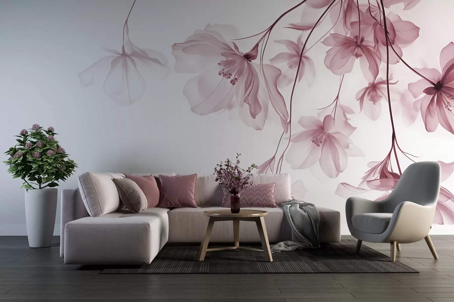 Fotobehang Roze bloemen met doorschijnende bloemblaadjes hangend aan een tak, roze en wit, minimalistische moderne kunst compositie w08911v2