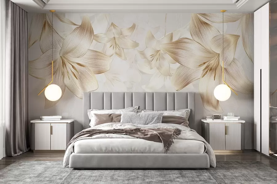 Fotobehang Gele lelies met ingewikkelde lijndetails, elegant bloemstuk, neutraal kleurenpalet w08912