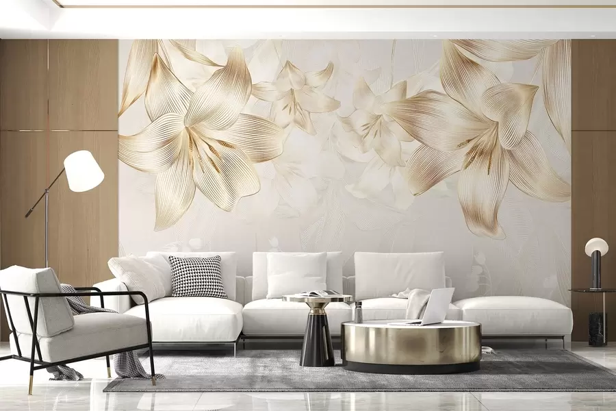 Fotobehang Gele lelies met ingewikkelde lijndetails, elegant bloemstuk, neutraal kleurenpalet w08912