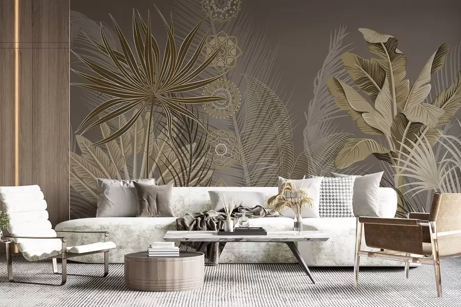 Fotobehang Tropische bladeren in beige en bruine tinten, palmbladeren, bananenbladeren en mandala ornamenten, donkere achtergrond w08913v1