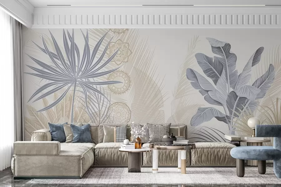 Fotobehang Tropische bladeren in blauwe en beige tinten, palmbladeren, bananenbladeren en mandala ornamenten, lichte achtergrond w08913v2