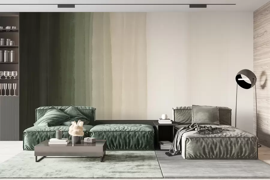 Fotobehang Abstracte minimalistische gradiëntprint met verticale strepen van donkergroen, beige en wit  w08915