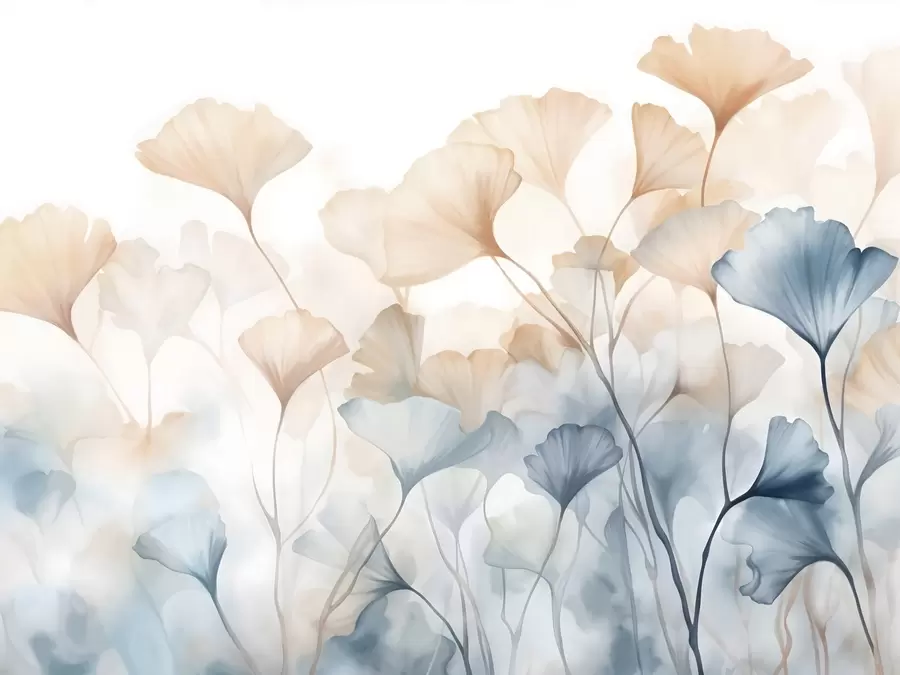 Fotobehang Ginkgobladeren in blauwe en oranje waterverf, doorschijnende bloemblaadjes, tere stelen, zacht kleurenpalet w08917