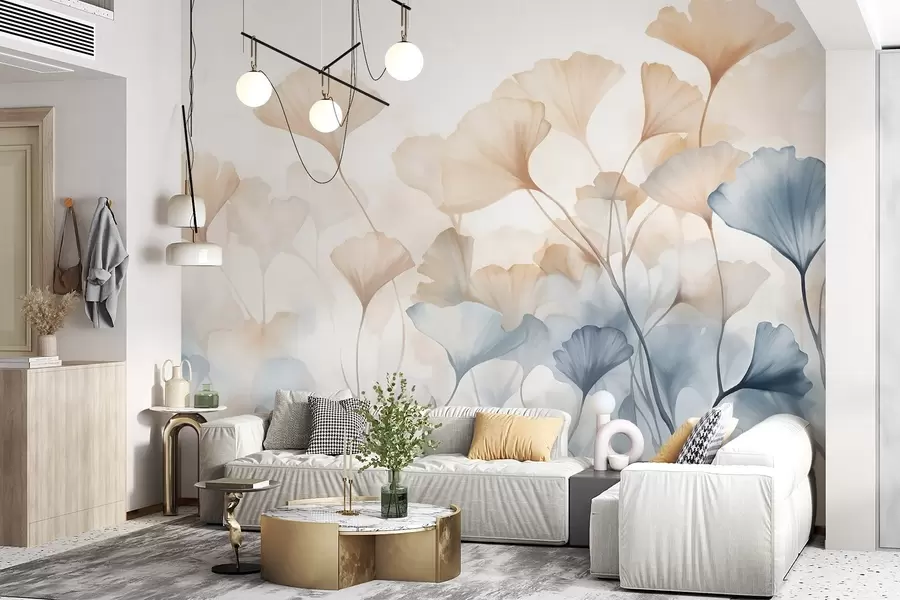 Fotobehang Ginkgobladeren in blauwe en oranje waterverf, doorschijnende bloemblaadjes, tere stelen, zacht kleurenpalet w08917