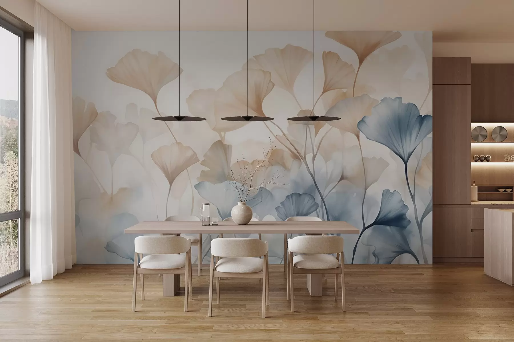 Fotobehang Ginkgobladeren in blauwe en oranje waterverf, doorschijnende bloemblaadjes, tere stelen, zacht kleurenpalet w08917
