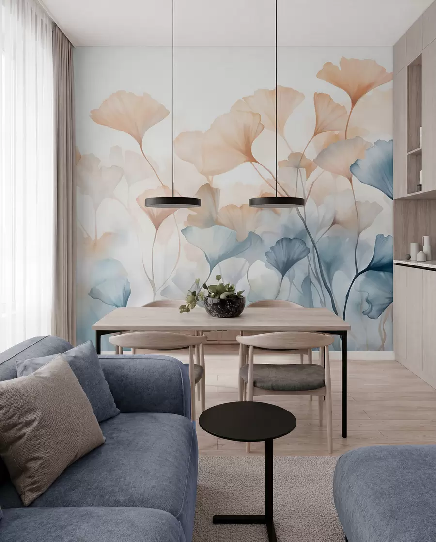 Fotobehang Ginkgobladeren in blauwe en oranje waterverf, doorschijnende bloemblaadjes, tere stelen, zacht kleurenpalet w08917