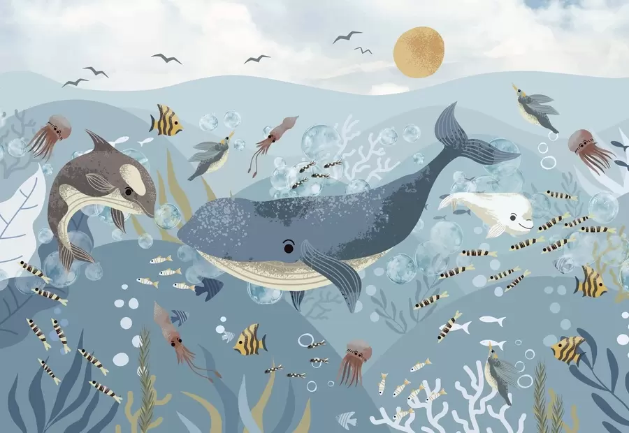 Fotobehang Kinderen illustratie leuke print met blauwe walvis omringd door vissen, inktvissen, kwallen in een blauwe oceaan met bubbels w08921