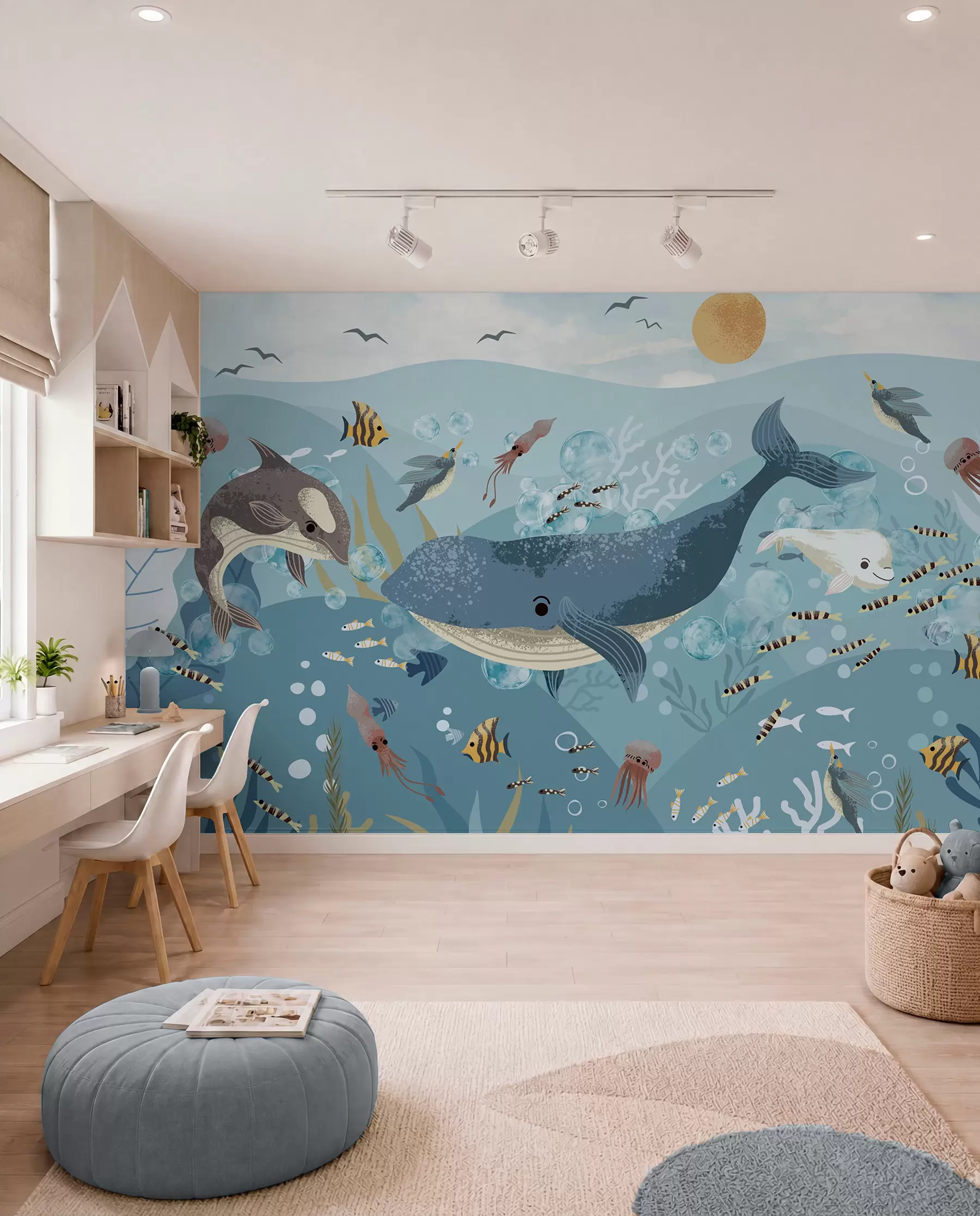 Fotobehang Kinderen illustratie leuke print met blauwe walvis omringd door vissen, inktvissen, kwallen in een blauwe oceaan met bubbels w08921