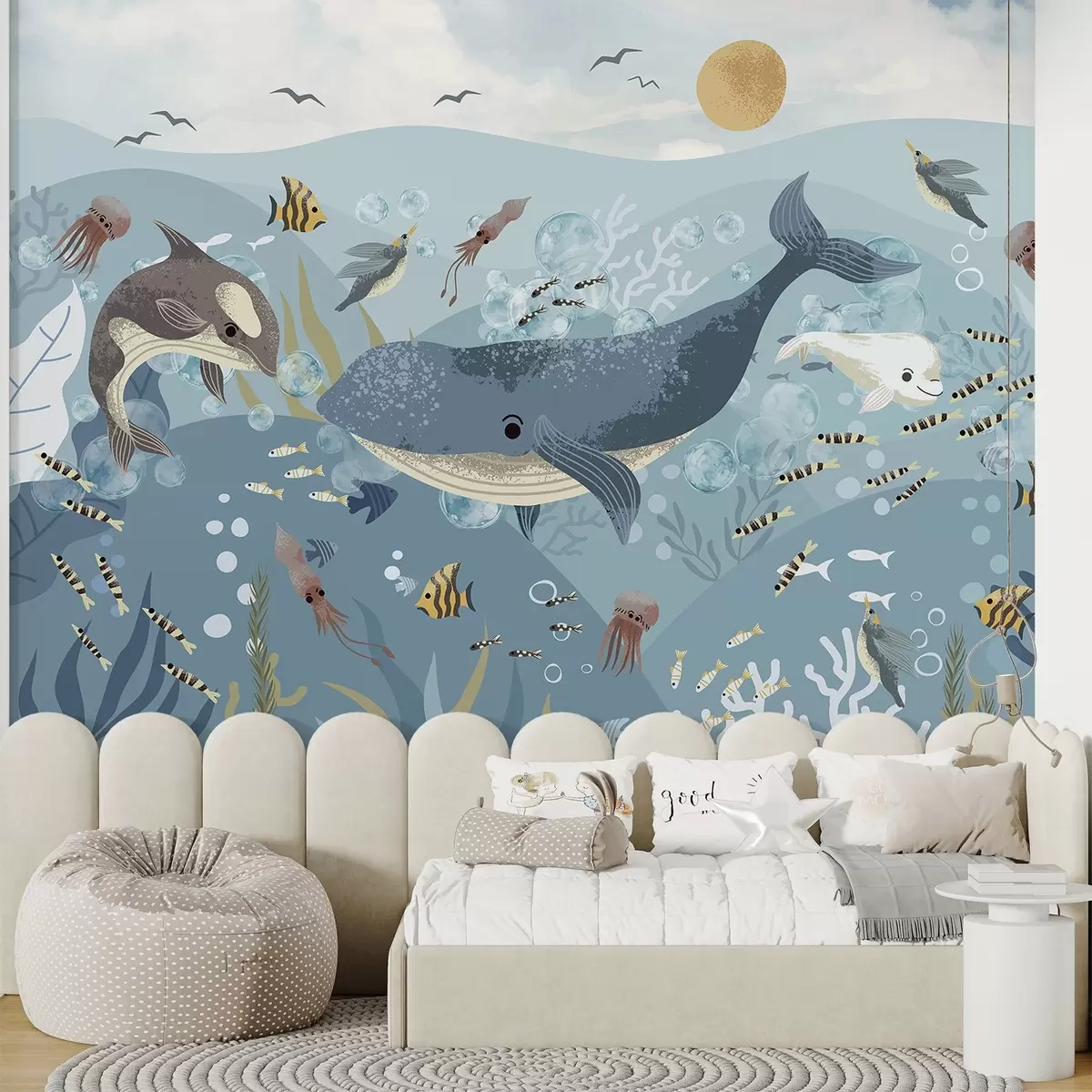 Fotobehang Blauwe walvis onder de golven w08921