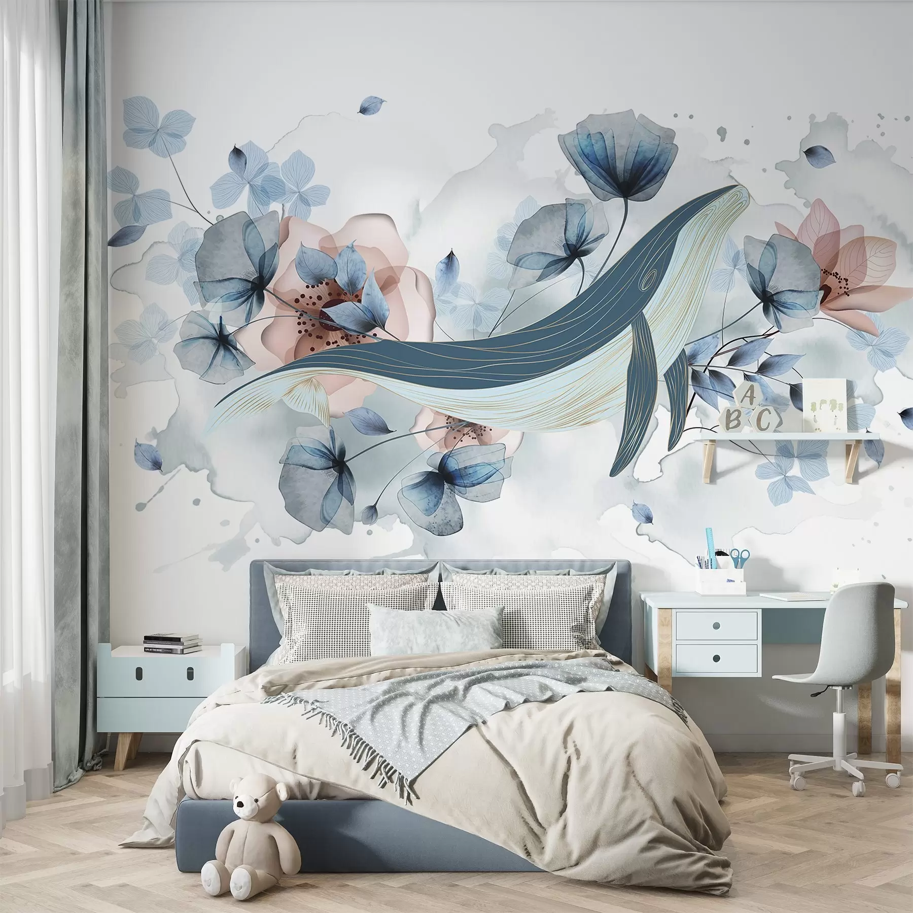 Fotobehang Een blauwe walvis met bloemen, aquarel stijl, lichtblauwe en roze kleuren, lichte achtergrond w08922