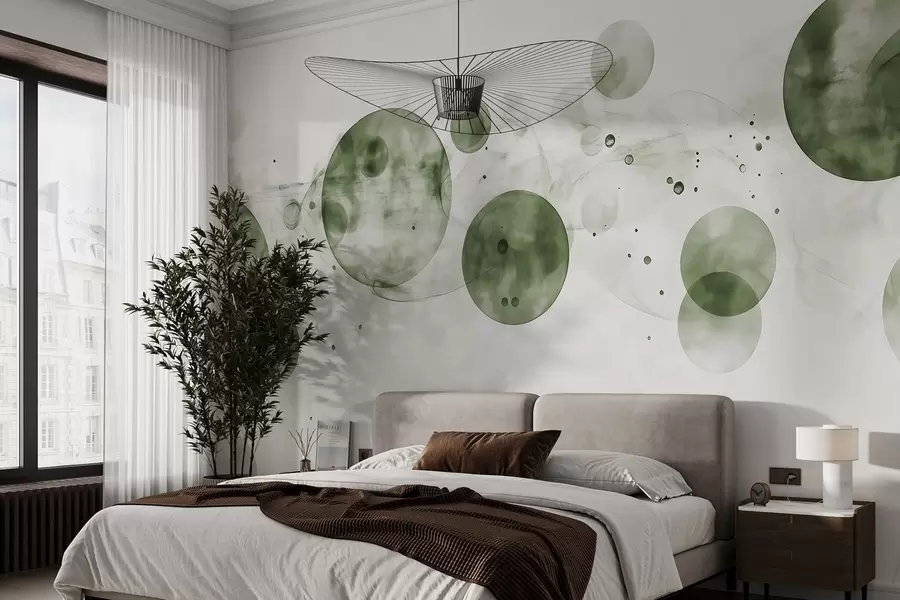 Fotobehang Cirkels in aquarelstijl, abstractie, etherisch, vloeiende kunst, groene kleuren w03405v1