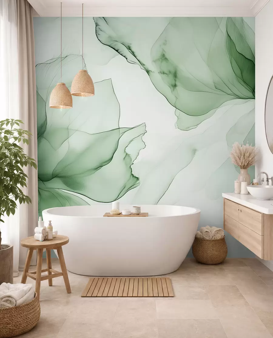 Fotobehang Bloesems in smaragdgroen w03406