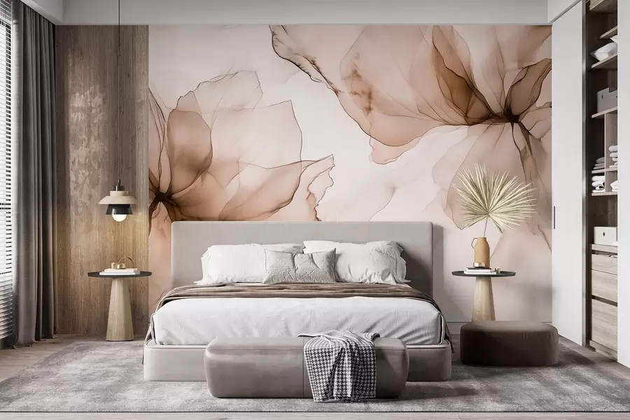 Fotobehang Bloemen in vloeiende stijl, bloemenabstractie, aquarel, beige kleurenpalet  w03406v3