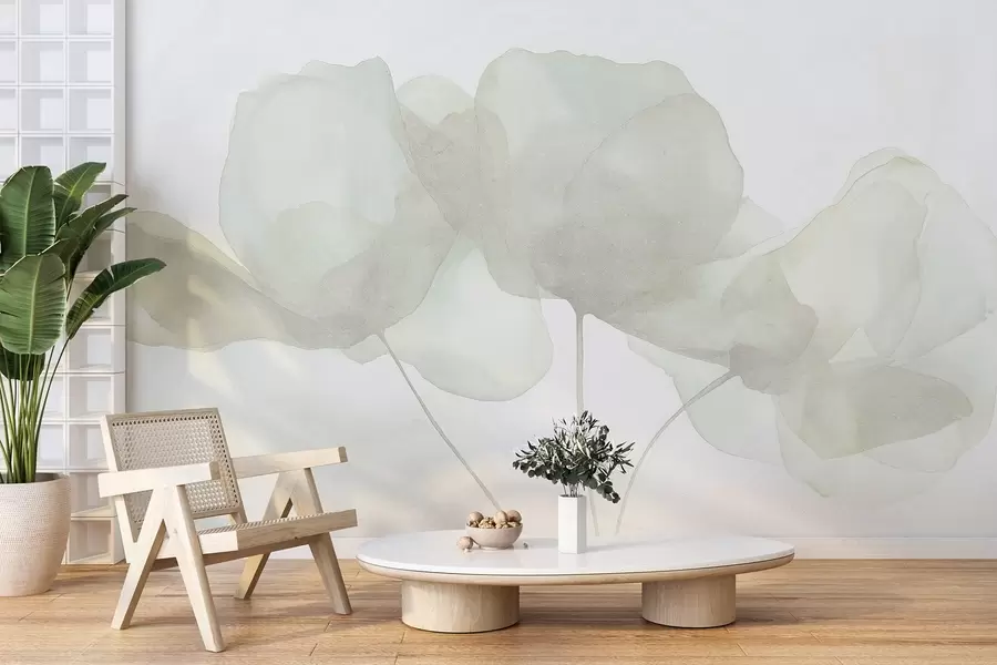 Fotobehang Prachtige bloemen, zacht pastel, minimalisme, natuurlijk, rustiek, beige en groen w03407