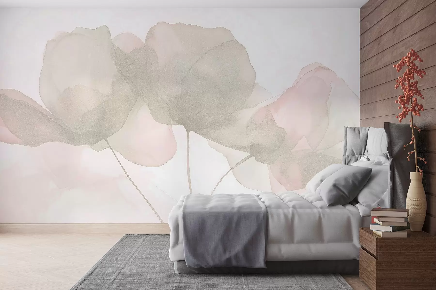 Fotobehang Prachtige bloemen, zacht pastel, minimalisme, natuurlijk, rustiek, beige en roze w03407v1