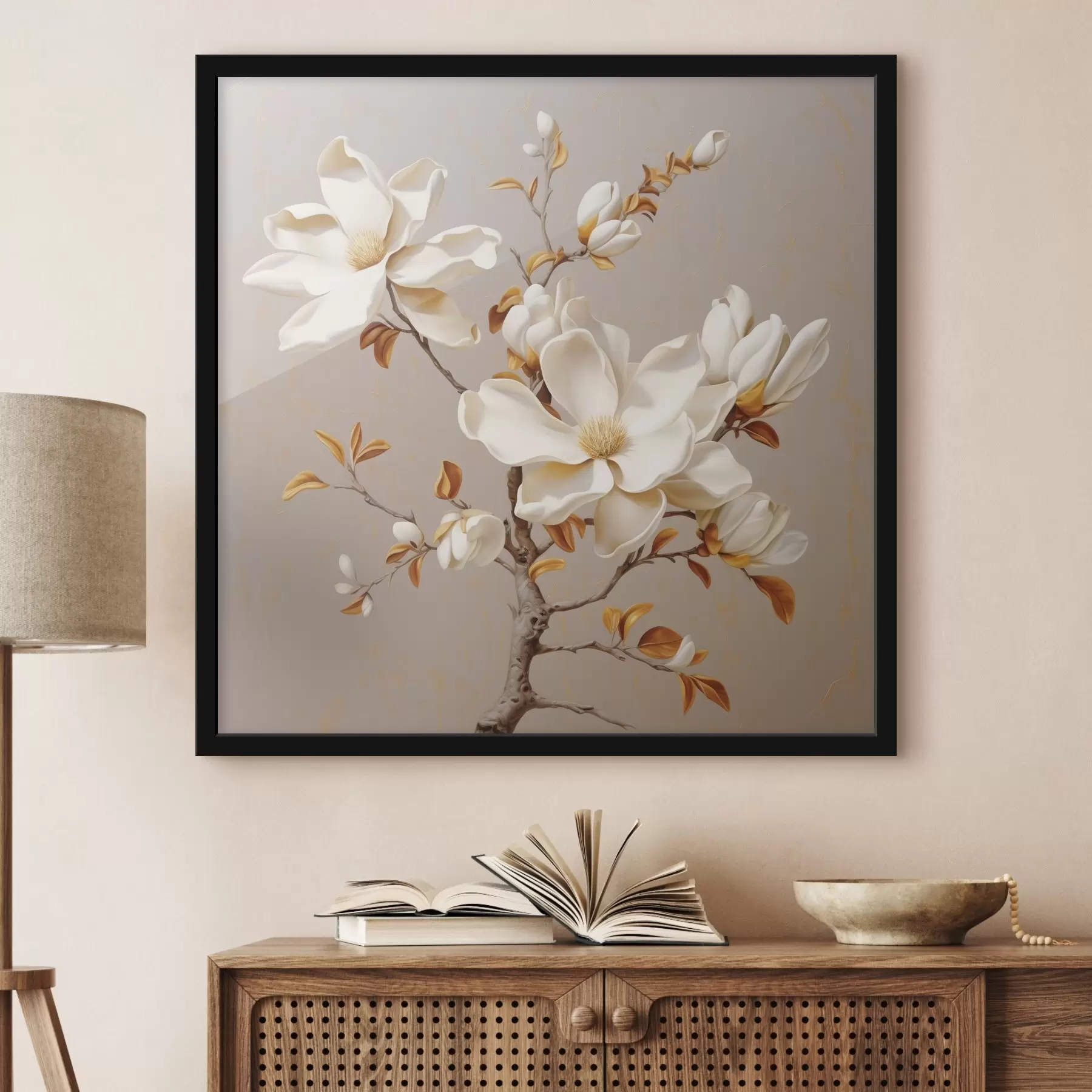 Fotobehang Sierlijke magnolia tak in beige tinten f43373