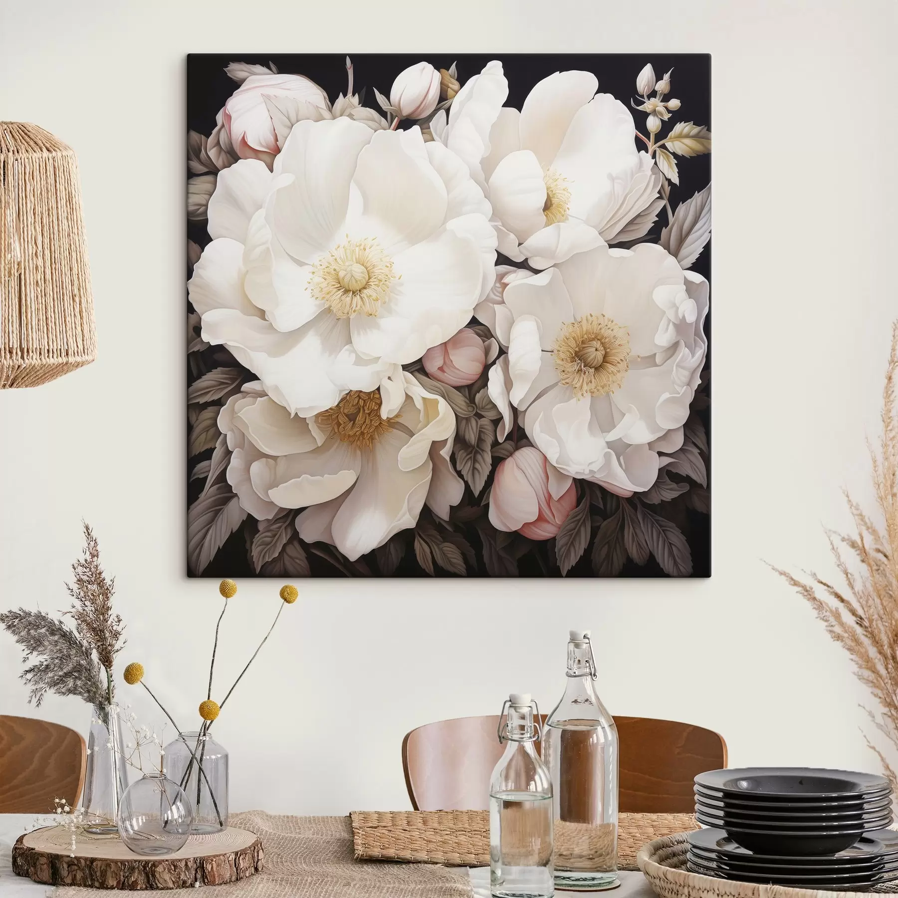  Schilderijen Witte pioen bloemen op een donkere achtergrond in acryl schilderij stijl s43379