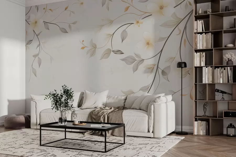 Fotobehang Bungelende takken met bloemen en bladeren w03439