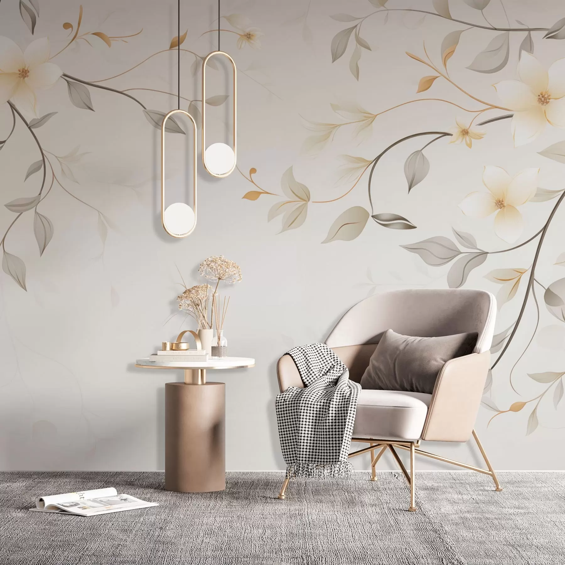 Fotobehang Bungelende takken met bloemen en bladeren w03439