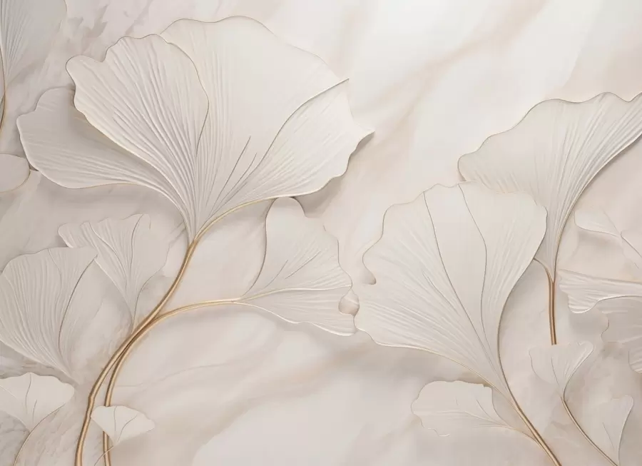 Fotobehang Pastelkleurige bladeren op een marmeren achtergrond in beige tinten w03440v1