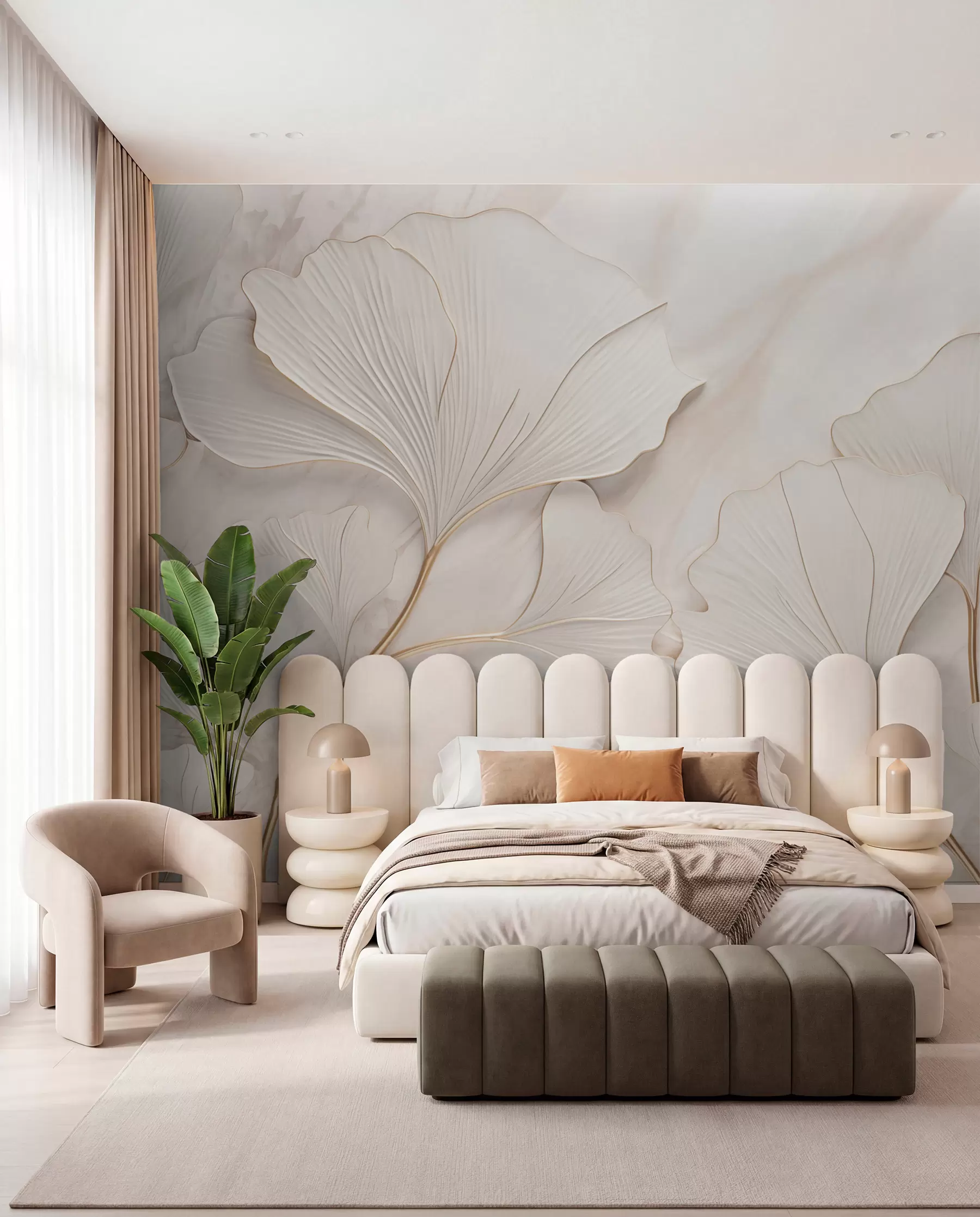 Fotobehang Pastelkleurige bladeren op een marmeren achtergrond in beige tinten w03440v1